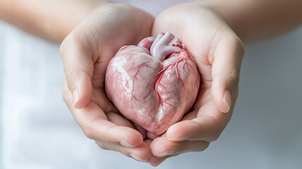 person holds realistic model of human heart in their hands, symbolizing care and health. This emphasizes importance of cardiovascular health and well being