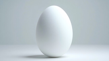 A simple, white egg stands upright on a smooth surface against a soft, light background, symbolizing purity and potential.