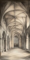 Fototapeta premium Graystone Gothic Cathedral Interior A Serene Monochrome Hallway of Stone Arches and Pillars with Vaulted Ceiling and Shadowy Atmosphere, Exploring the Ancient Religious Building Architectural Design