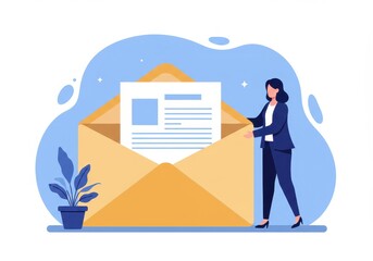 Flat illustration of a professional woman in business attire holding an oversized letter beside a large open envelope, symbolizing communication