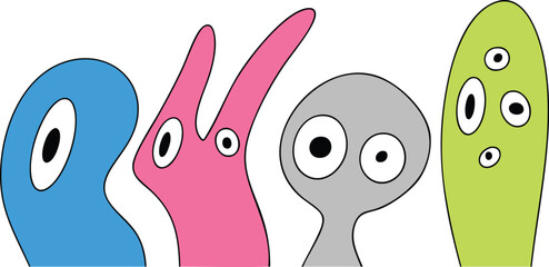 Fototapeta premium Alien Friends Doodle Clipart Vector Illustration – Cute and Playful Extraterrestrial Characters with Fun Designs Perfect for Kids’ Projects, Space-Themed Artwork, and Creative Graphic Designs