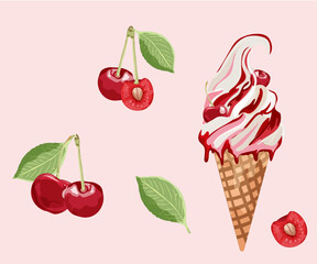 Ice cream with cherry, Italian ice cream, yogurt with cherries and fresh cherries and leaves. Vector illustration. Ideal for poster, packaging.