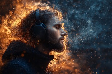 Naklejka premium Stylish man enjoying music with wireless headphones, surrounded by burning flames and smoke in a dark background