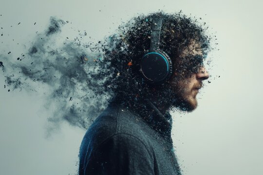 Profile of a man wearing headphones, his head dissolving into particles, symbolizing music, imagination, and creativity