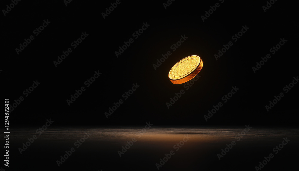 Poster glowing coin floating in dark space, symbolizing value and wealth