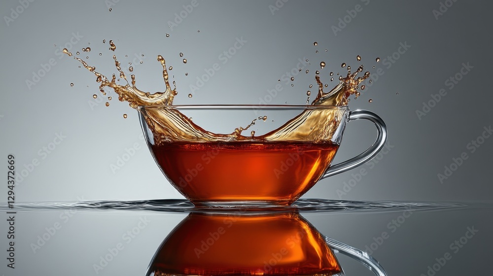Poster captivating tea splash in clear glass cup against a serene gray backdrop creating a dynamic and refr