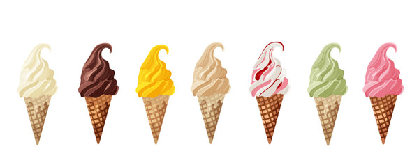Set of ice cream in cone of waffle isolated on white background. Chocolate, vanilla, pistachio, mango, coffee, yogurt with cherry, strawberry. Vector illustration. ideal for posters, packaging.