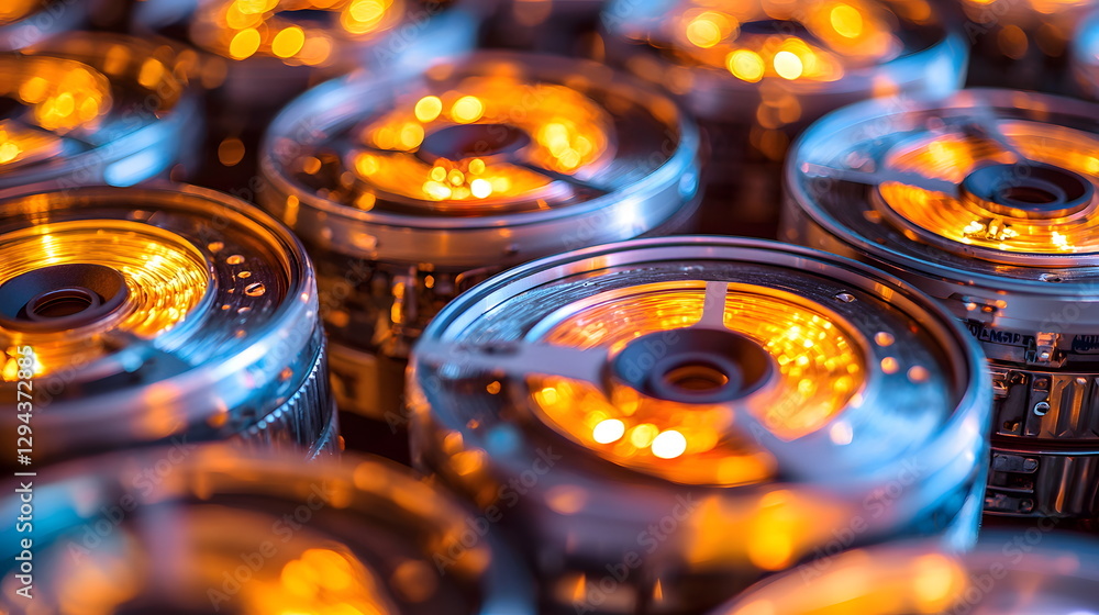 Aufkleber bright orange glowing circular objects with metallic details arranged closely together in a visually