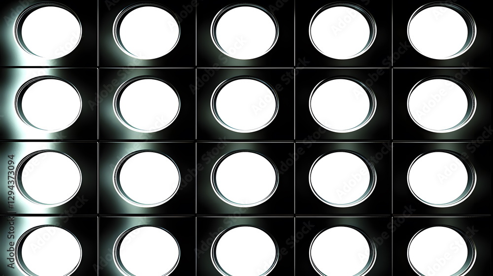Poster circular lights arranged in a patterned grid with bright white illumination reflecting off a dark su