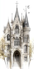 Fototapeta premium Grey Stone Castle Watercolor Illustration