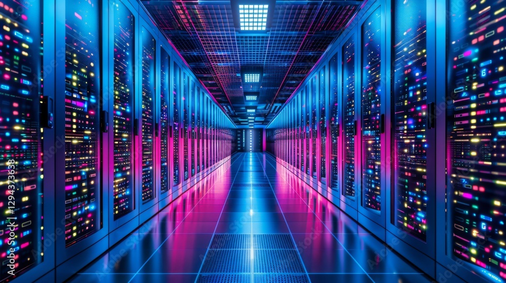 Poster A long corridor in a data center is filled with rows of servers glowing in vibrant colors. The scene highlights the advanced technology and intricate design of server architecture.