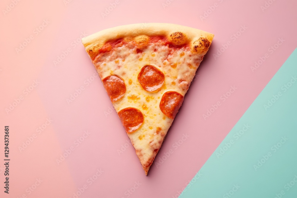 Poster overhead view of a single slice of pepperoni pizza on a vibrant two-tone background, creating a visu