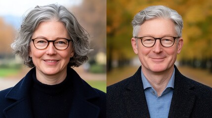 Adult Man and Woman Smiling Outdoors in Autumn Setting Portraits