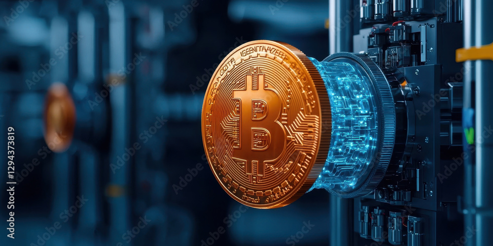 Poster bitcoin coin spins inside advanced quantum computer, showcasing technology