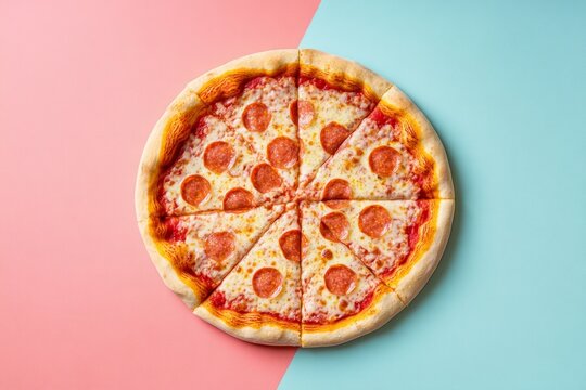 Sliced pepperoni pizza with melted cheese on a vibrant pink and turquoise background