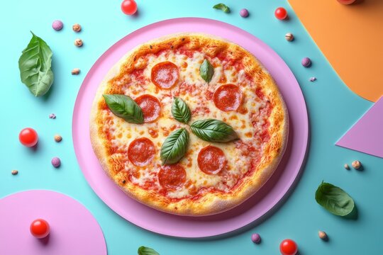 Tasty pepperoni pizza with basil leaves is served on pink plate on a colorful background
