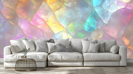 Glossy multicolored wall art behind modern white sofa with cushions in cozy living room interior design