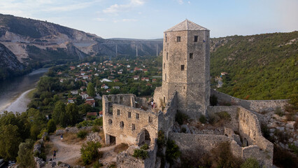 Počitelj Castle tourist village in Bosnia and Herzegovina. Aerial view of ancient tower ruins.