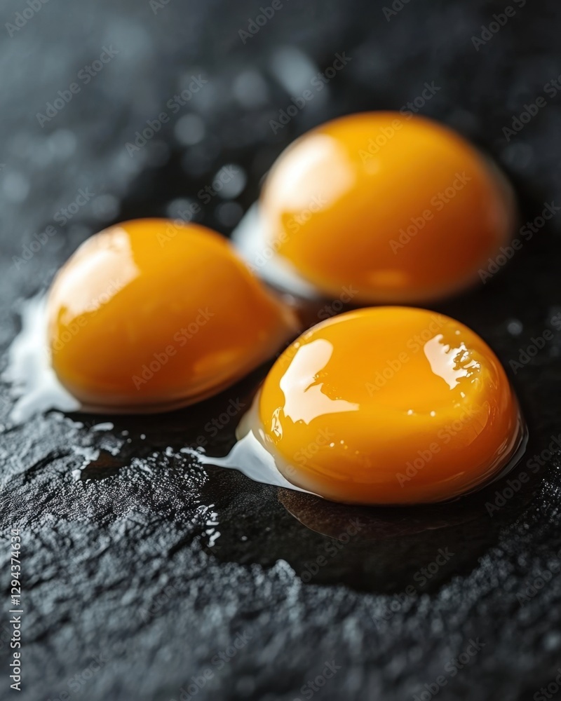 Poster three glistening egg yolks on a dark textured surface creating a vibrant and inviting food photograp
