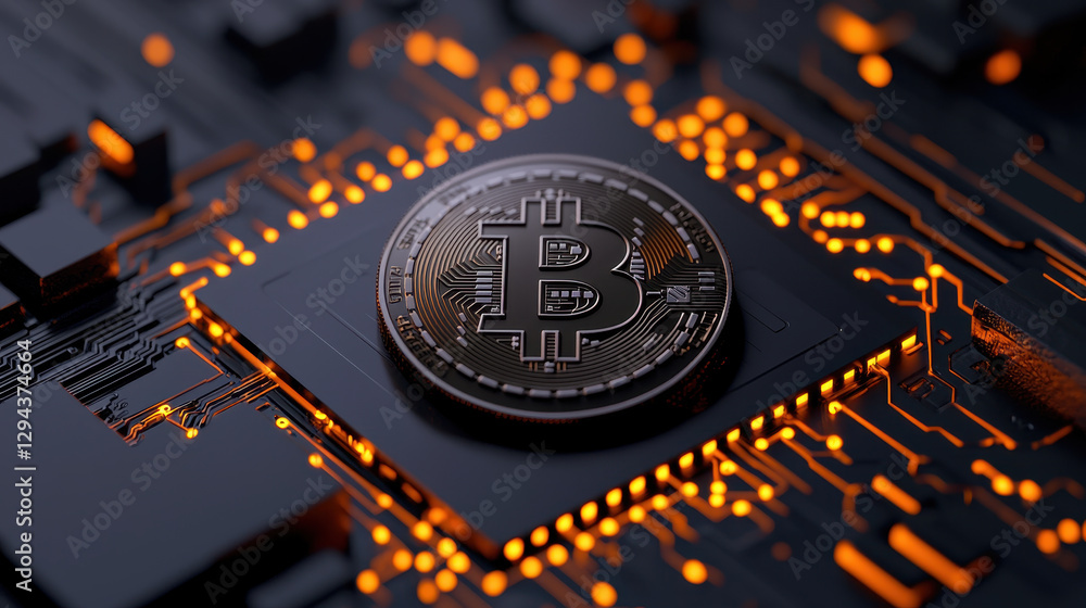 Poster bitcoin coin on circuit board with glowing elements, symbolizing digital currency
