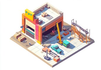 Obraz premium Isometric Pixel Art Workshop Construction Site with Machinery and Vehicles