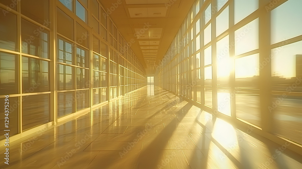 Poster golden sunlight streaming through large windows illuminating a long corridor with reflections on pol