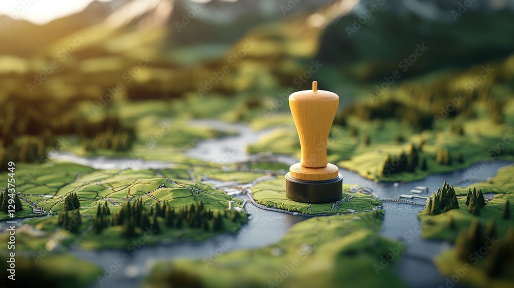 Poster yellow button marking a location on a detailed map with a pin symbol for navigation and location tra