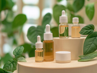 Childrens cosmetics and baby accessories for body care on a light background with greenery