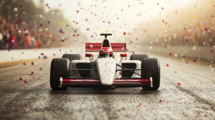 Dynamic Race Car in Action with Colorful Confetti Celebration