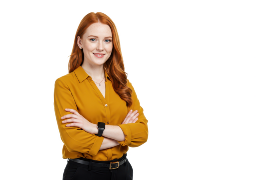 A young red haired businesswoman standing with her arms crossed isolated on transparent background - Powered by Adobe