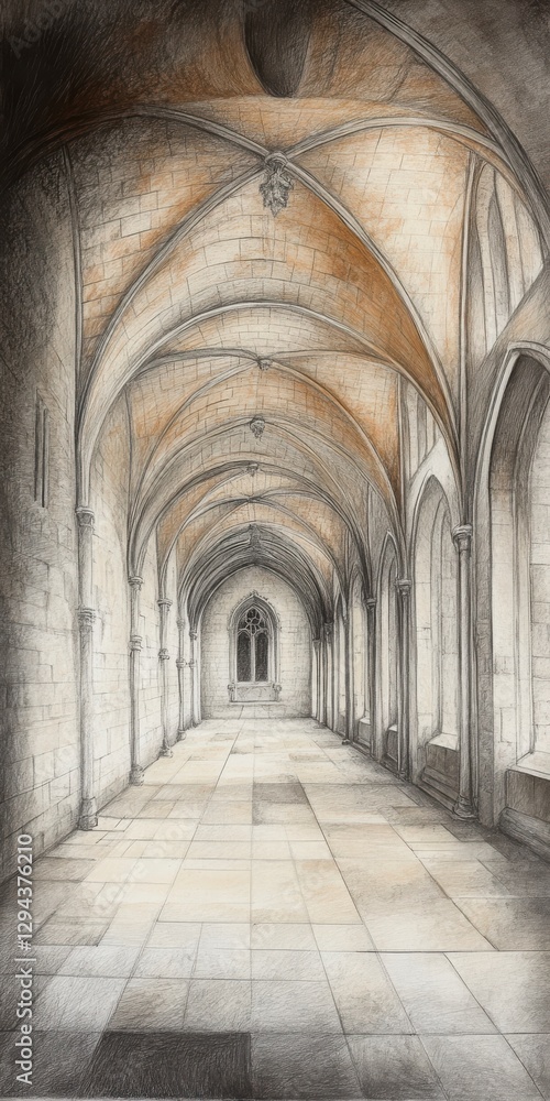 Poster long stone passageway with archways, monochrome drawing style design illustration sketch sketching l