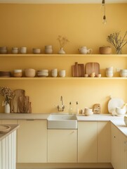 Sunny and bright kitchen interior with visible shelves and decor