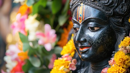 A close-up of Goddess Kali&acirc;&euro;&trade;s statue, adorned with flowers and sacred offerings