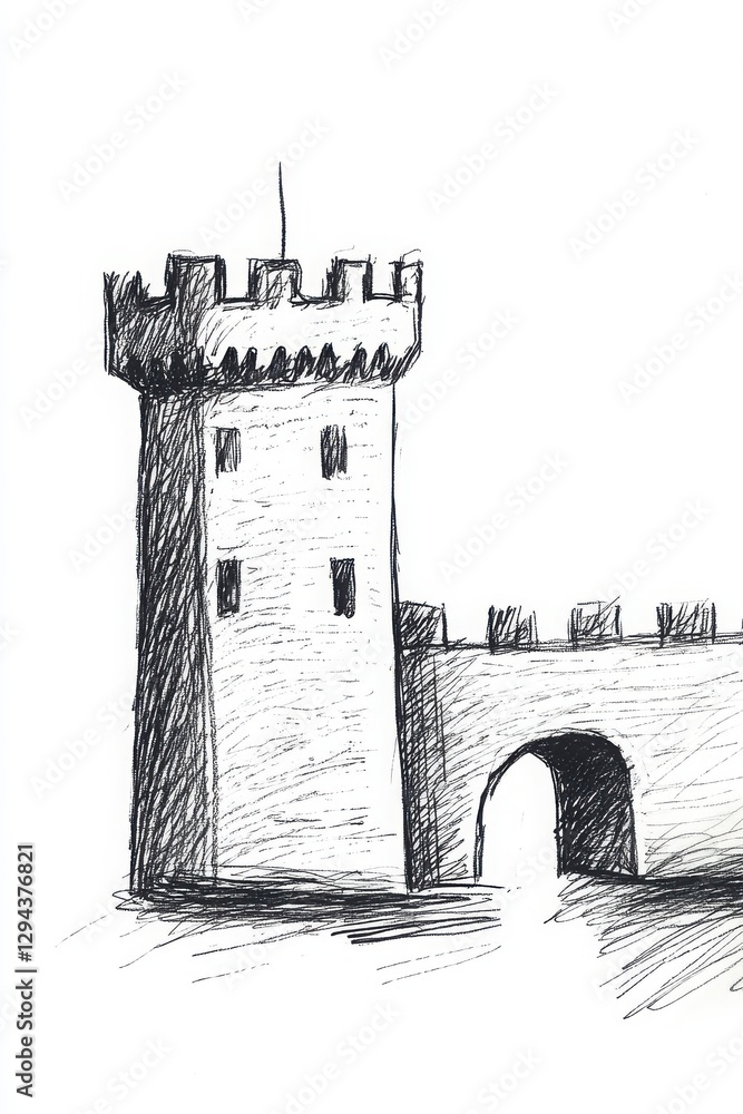 Poster medieval castle tower and gate illustration drawing in black and white ink drawing style sketchbook 