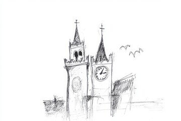 Fototapeta premium Medieval Castle Tower Sketch Illustration In Black And White Drawing Style With Monochrome Elements Like Pen And Ink On Paper Style Art Image In Vintage Style With Graphics Design Characteristics