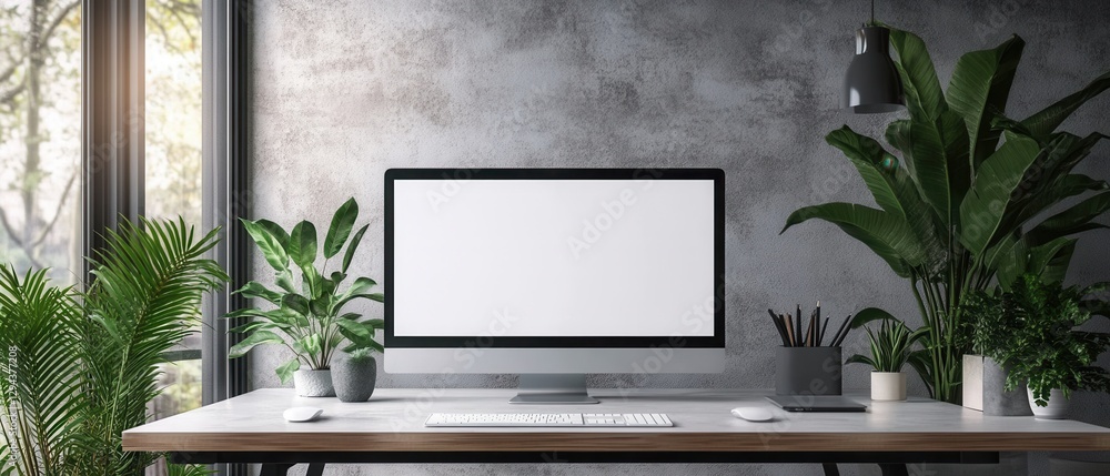 Poster contemporary workspace featuring a modern computer setup with lush green plants against a textured g