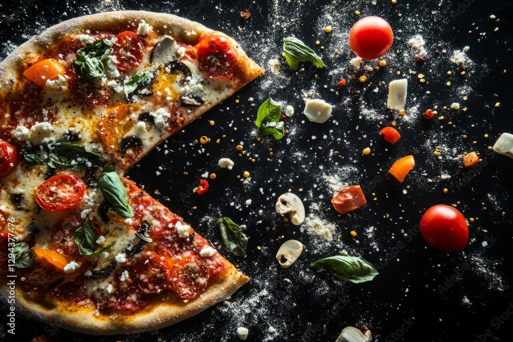 Poster tasty pizza with a missing slice, surrounded by fresh ingredients on a dark background, creating a v