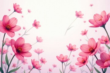 Fototapeta premium Delicate Pink Cosmos Flowers in Soft Focus, a Serene Floral Background Image Featuring a Gentle Arrangement of Blooming Blossoms