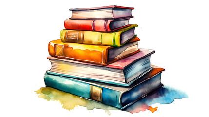 Watercolor illustration of old stacked books  on white and transparent background. PNG