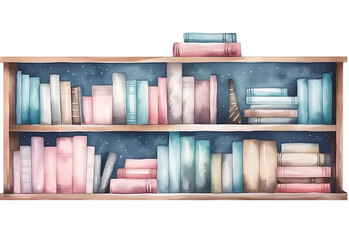 Naklejka premium Watercolor bookshelf illustration on white and transparent background. PNG