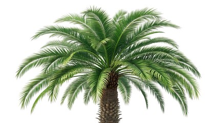 The image depicts a lush, green palm tree set against a plain white background