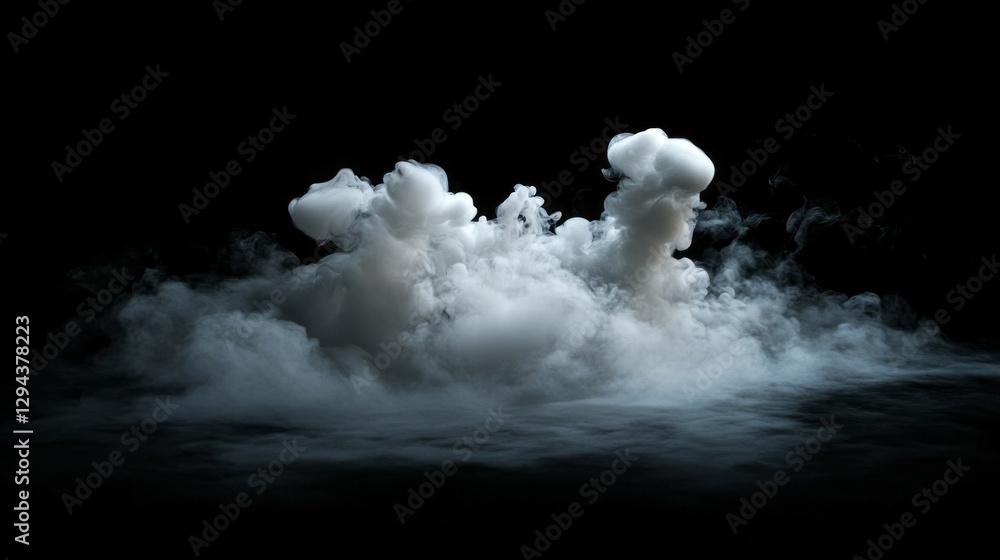 Poster soft wisps of gray and white vapor rise and swirl in the dim light, forming complex shapes against a