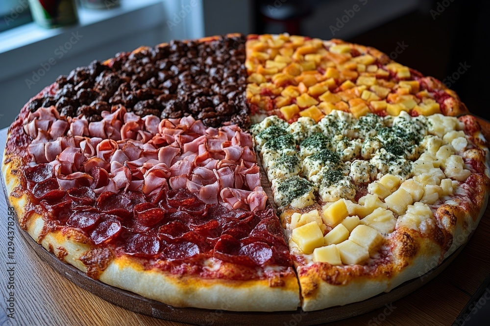 Poster Large pizza with different toppings divided into sections, creating a visually appealing display of culinary diversity