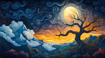 Whimsical Night and Day Landscape: Digital Painting of a Twisted Tree Under a Full Moon AI Generated