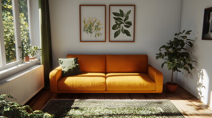 Cozy orange couch with green pillow in bright living room adorned with plants and framed botanical art.