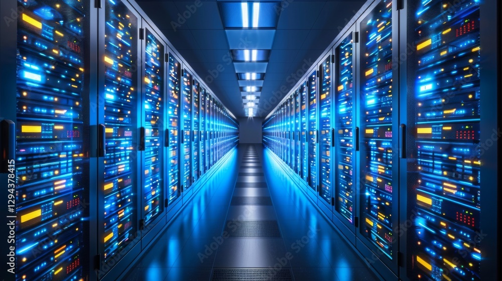 Poster Rows of high tech servers are illuminated with blue and yellow lights in a sleek, modern server room, creating a futuristic atmosphere during late evening hours.