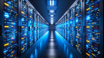 Rows of high tech servers are illuminated with blue and yellow lights in a sleek, modern server room, creating a futuristic atmosphere during late evening hours.