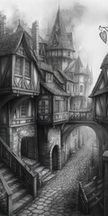 Misty Medieval Town Street Gray Stone Buildings and Cobblestone Lane Keywords