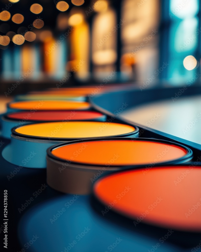Poster vibrant array of circular color samples in a modern interior setting with bokeh background