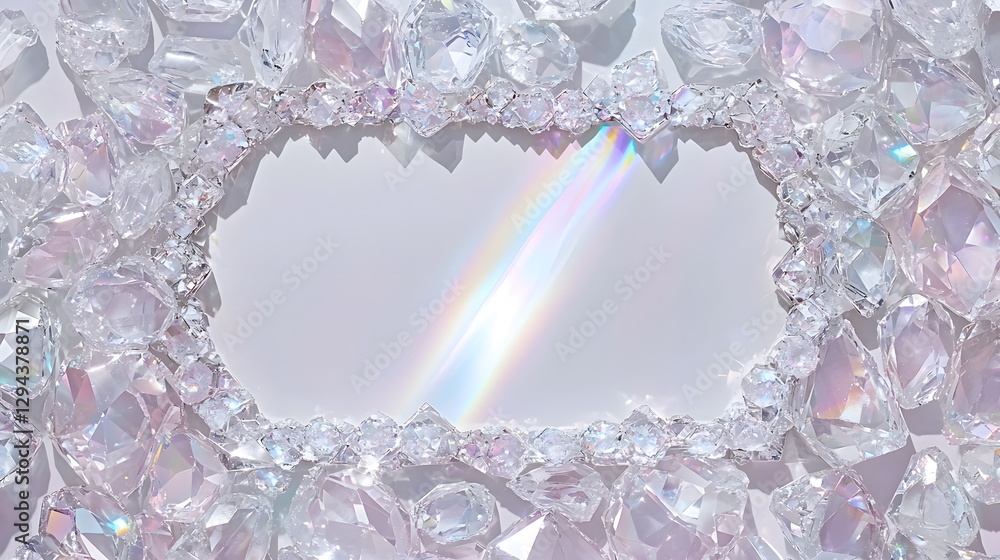 Poster shimmering clear crystals arranged around a blank reflective space with a rainbow reflection on a li